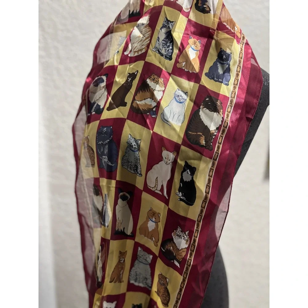 Vintage Style Cat Print Scarf Burgundy Gold Silk Feel Lightweight Neck Wrap